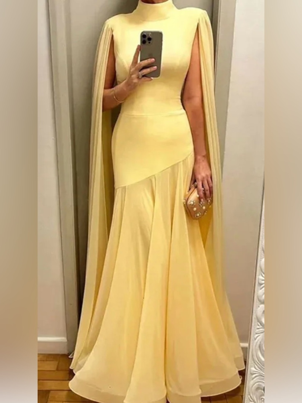 Elegant Butter Yellow Cape Gown